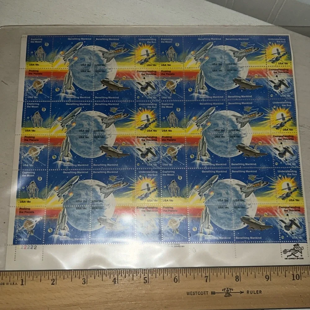 1981 U.S. Postal Stamps Space moon benefiting mankind full sheet